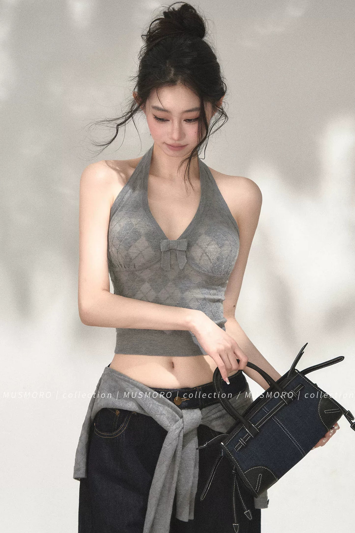 Argyle Knit Cardigan With Camisole Set-Up