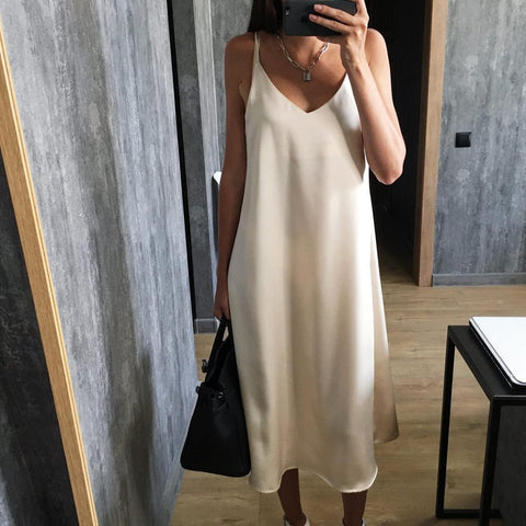 Spring Summer Woman Silk  Dress V-neck