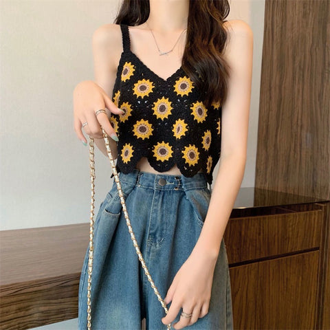 Flower Vintage Crochet V-neck Knitted Tank Top