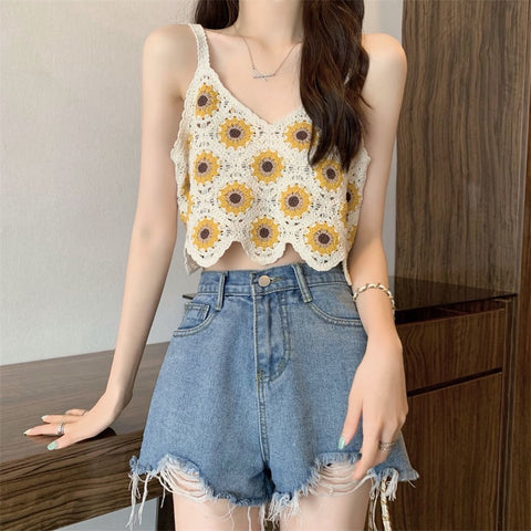 Flower Vintage Crochet V-neck Knitted Tank Top