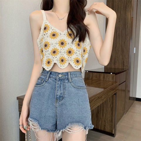 Flower Vintage Crochet V-neck Knitted Tank Top