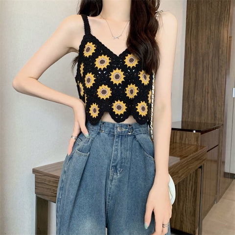 Flower Vintage Crochet V-neck Knitted Tank Top