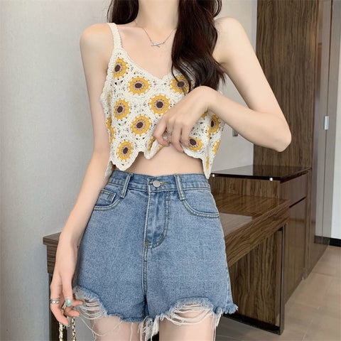 Flower Vintage Crochet V-neck Knitted Tank Top