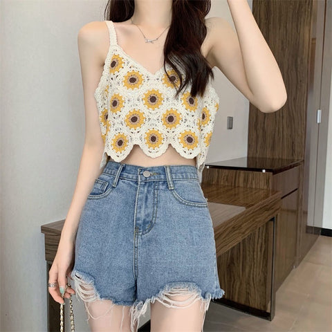 Flower Vintage Crochet V-neck Knitted Tank Top