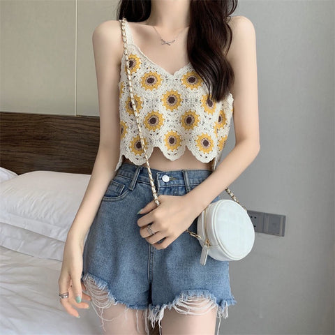 Flower Vintage Crochet V-neck Knitted Tank Top