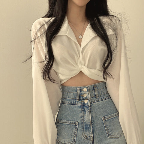 Tie Back Bow Cropped Navel Crop Shirt