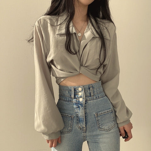 Tie Back Bow Cropped Navel Crop Shirt