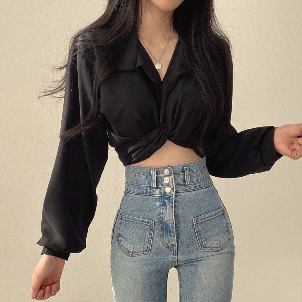 Tie Back Bow Cropped Navel Crop Shirt