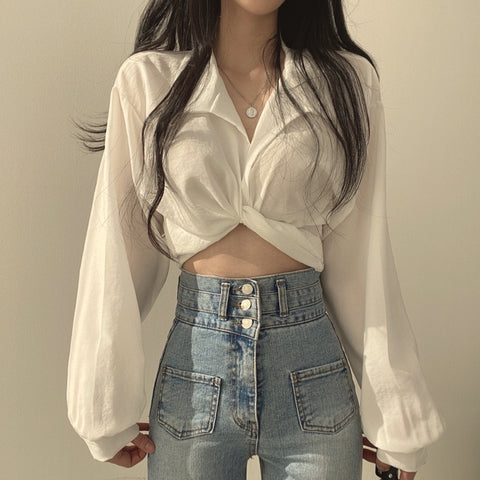 Tie Back Bow Cropped Navel Crop Shirt