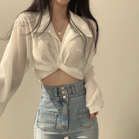 Tie Back Bow Cropped Navel Crop Shirt