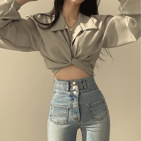 Tie Back Bow Cropped Navel Crop Shirt