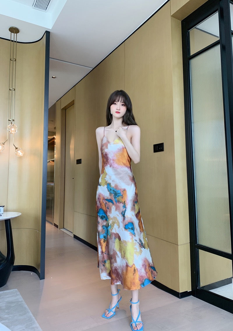 abstract print fitted midi slip dress Abstract Print Stretch Satin Midi Dress (Women)